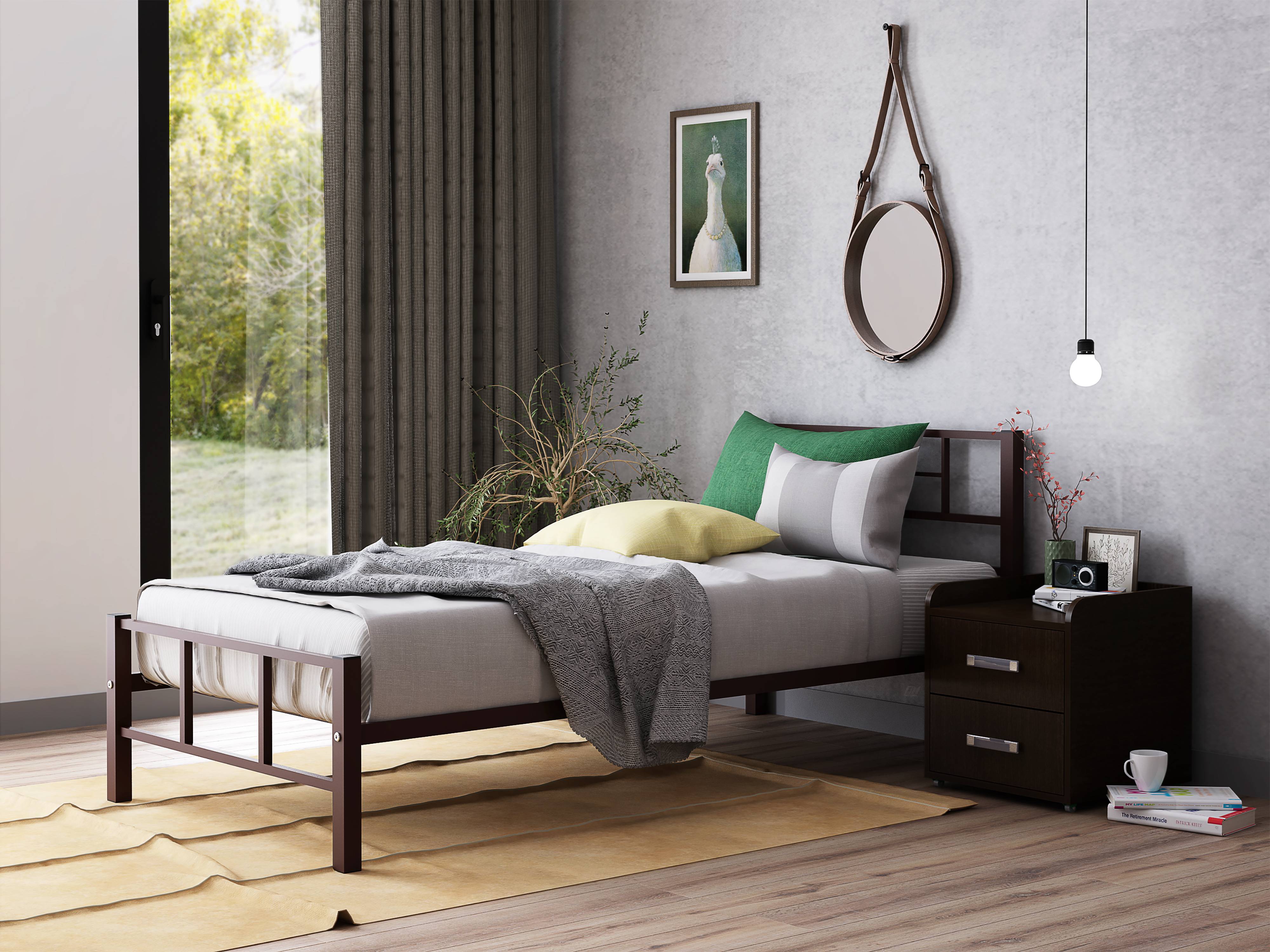 Фото кровать одноярусная для гостиницы - кадис коричневая с металлическим изголовьем